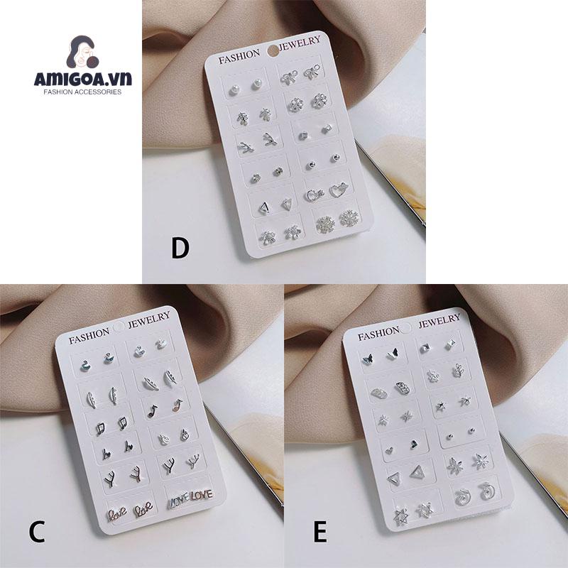 ✨✨Bộ 12 Đôi Bông Tai Bạc Thiết Kế Đơn Giản Thời Trang