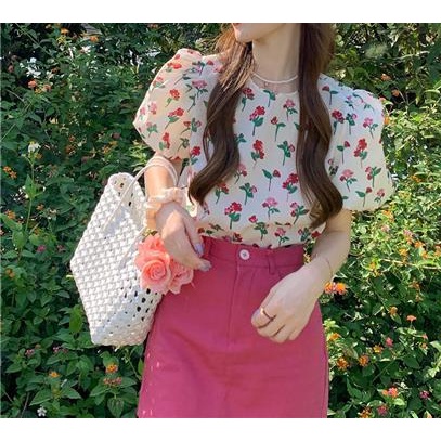 Bộ Áo Tay Ngắn Phồng + Chân váy jean Lưng Cao In Hoa Thời Trang Mùa Hè Hàn Quốc 2022 Dành Cho Nữ