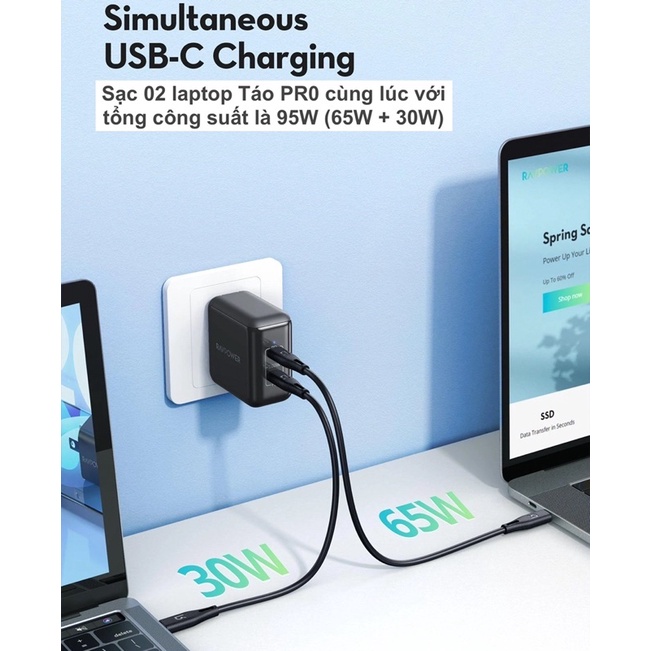 Củ sạc nhanh laptop táo PR0, lP13 Series, S21 Series, Note 20 Ultra 5G RAVPOWER RP-PC151 02 USB-C PD/PPS 100W GaN II