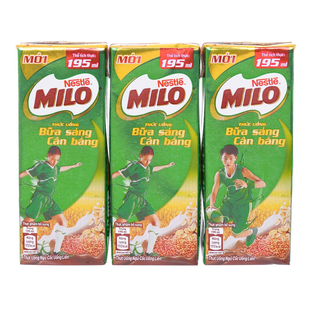Lốc 3 hộp thức uống ngũ cốc Milo Bữa sáng cân bằng 195ml