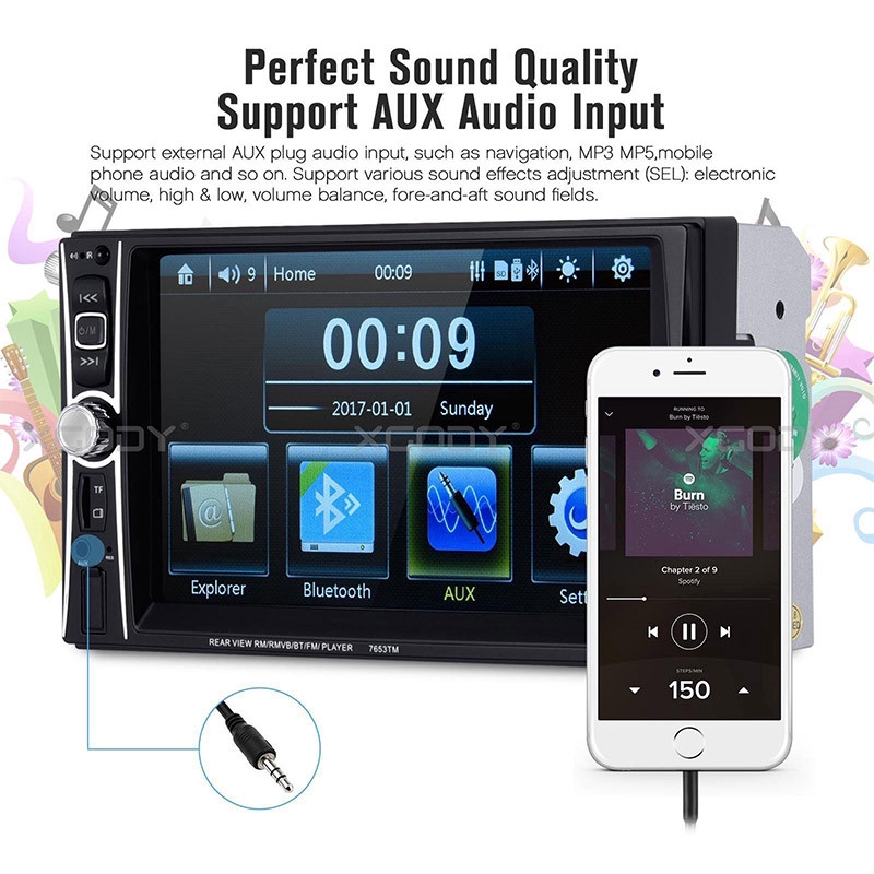 Máy nghe nhạc MP5 màn hình cảm ứng 6.6" 7653TM Double 2 DIN kết nối Bluetooth chất lượng HD cho xe hơi