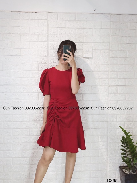 Đầm đỏ tay phồng đuôi cá rút dây Sun Fashion