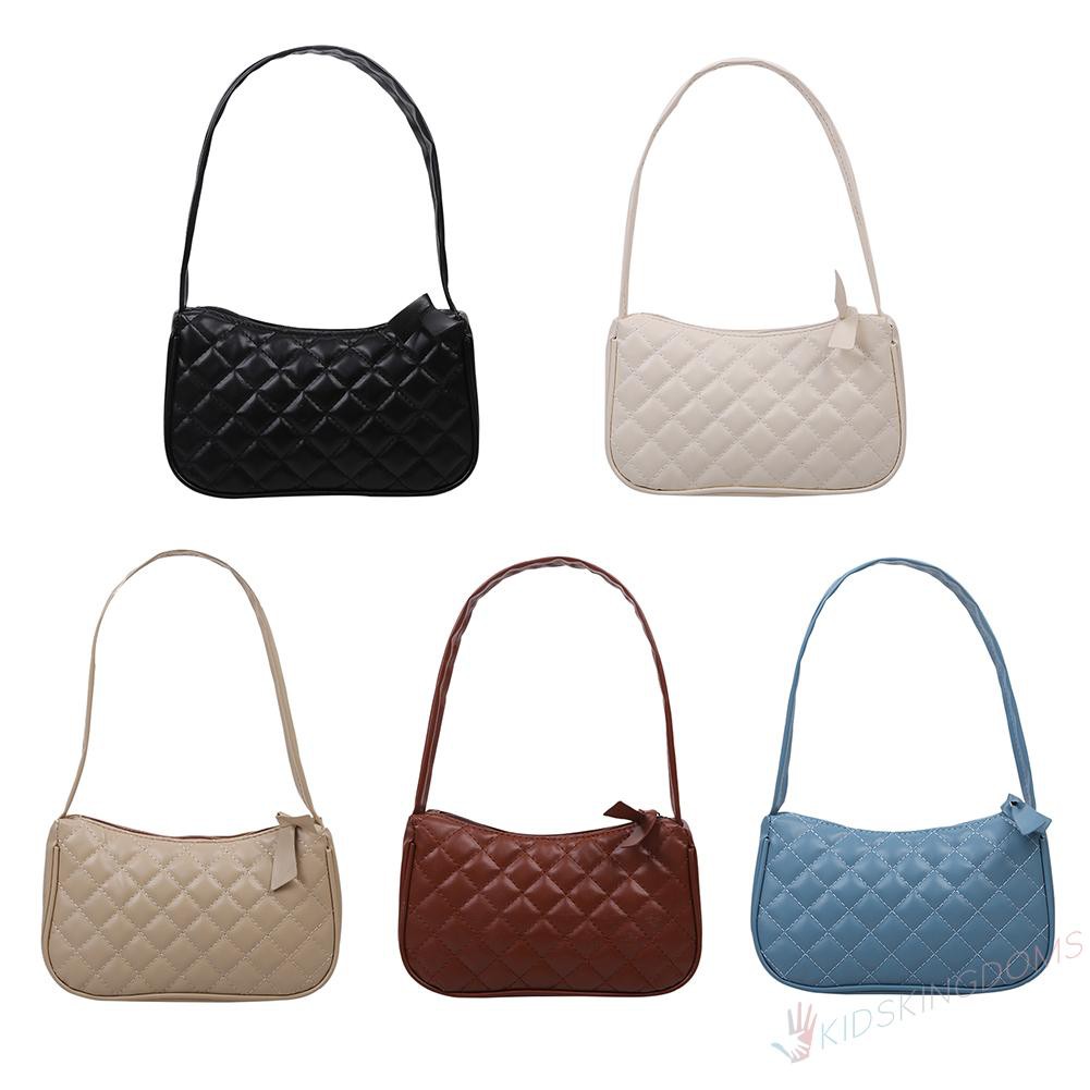 Women Lattice Pattern Shoulder Underarm Bag Solid PU Casual Handbags Totes