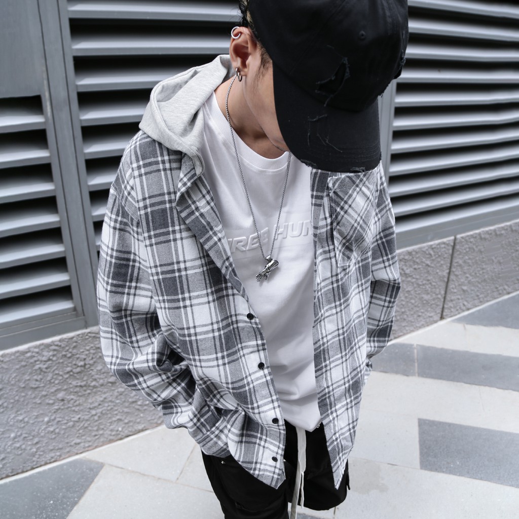 Áo Sơ Mi Hooded Flannel Jacket Màu Xám