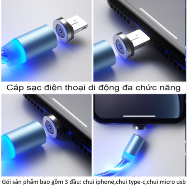 Cáp sạc đa năng, nam châm 3 đầu hít từ, cáp sạc nam châm có 3 đầu Lightning, Micro USB, Type-C