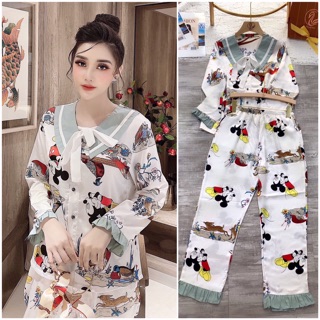 Bộ pijama dài tay cổ nơ lụa satin