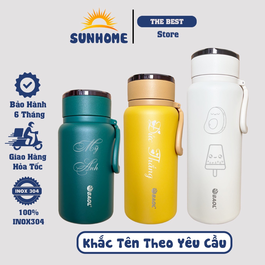 Bình giữ nhiệt INOX 304 SUNHOME bình nước khắc tên giữ nhiệt lên tới 12h dung tích từ 1000ml -1500ml BAOL