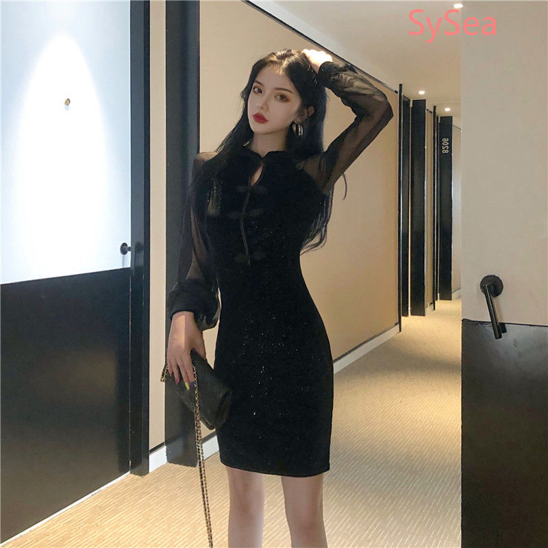Đầm Sườn Xám Nhung Dài Tay Gợi Cảm Dành Cho Nữ