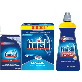 Combo Viên rửa bát Finish 100 viên + muối 1.5kg + nước làm bóng 750ml
