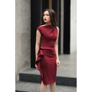 Đầm body sát nách phối bèo - Đỏ đô