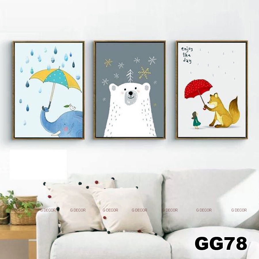 Tranh treo tường canvas 3 bức phong cách hiện đại Bắc Âu 198, tranh hoạt hình trang trí phòng cho bé, phòng khách, decor