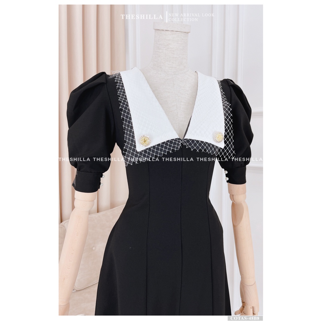 Váy thiết kế cao cấp màu đen cổ trắng phối lưới có đính nút [ Có video + Ảnh thật ] The Shilla - Cotas-48B8