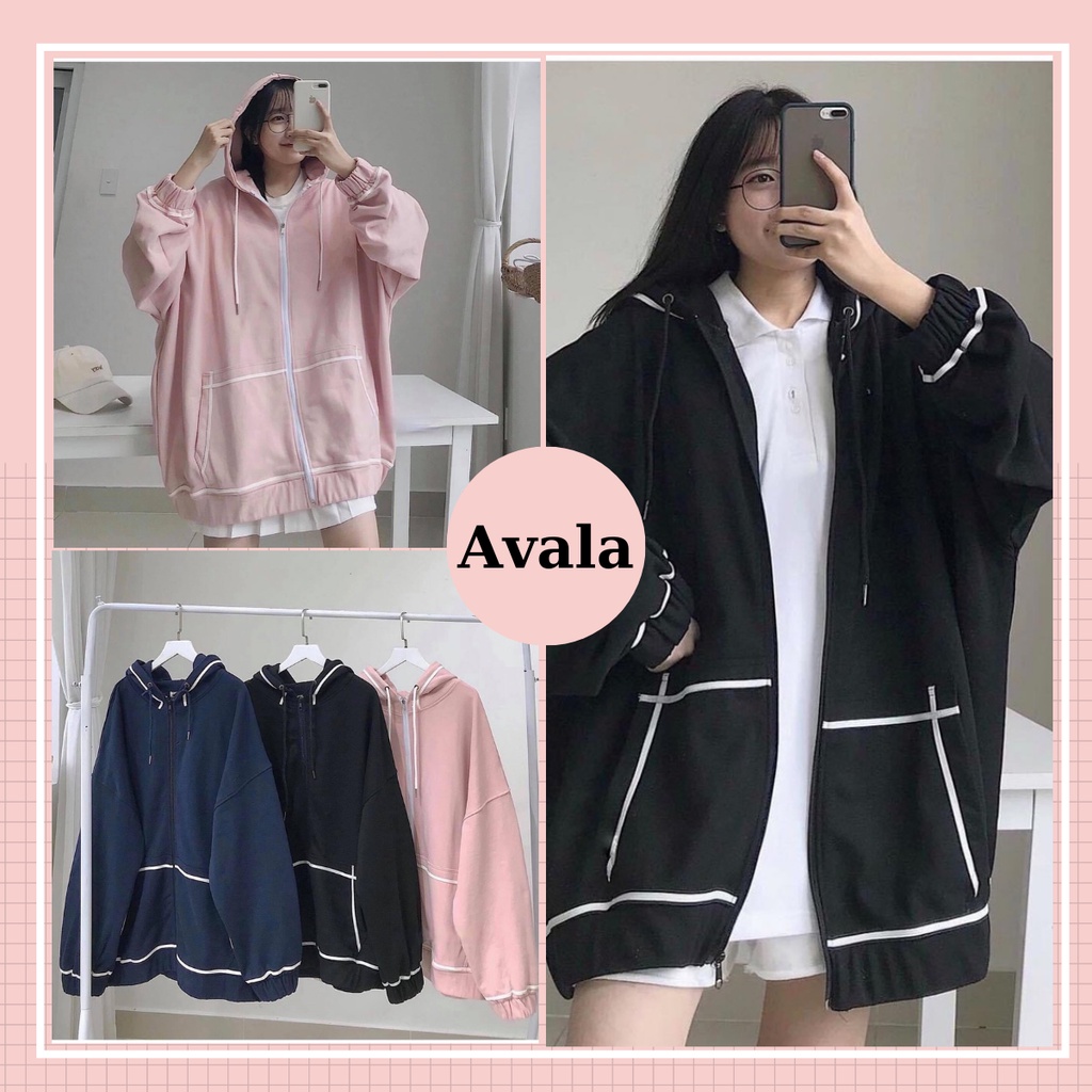 Áo Khoác Nỉ Viền Tay Bồng Nữ Avala [FREESHIP] Áo khoác Jacket nỉ form rộng có mũ 3 màu XANH, ĐEN, HỒNG Ulzzang