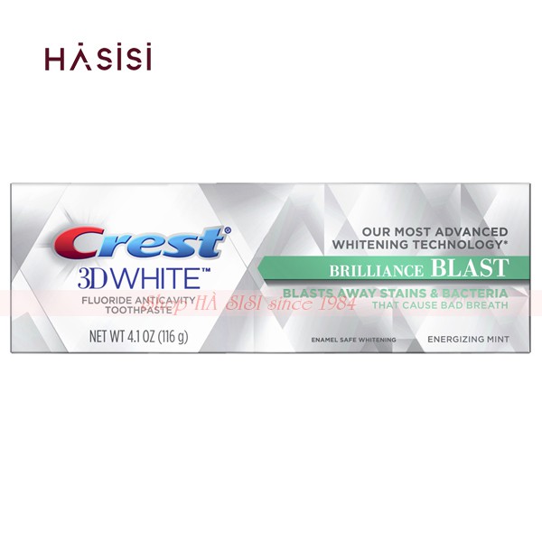 Kem Đánh Răng CREST 3D WHITE 3D FLUORIDE ANTICAVITY TOOTHPASTE BRILIANCE BLAST 116gr (Viền xanh lá)