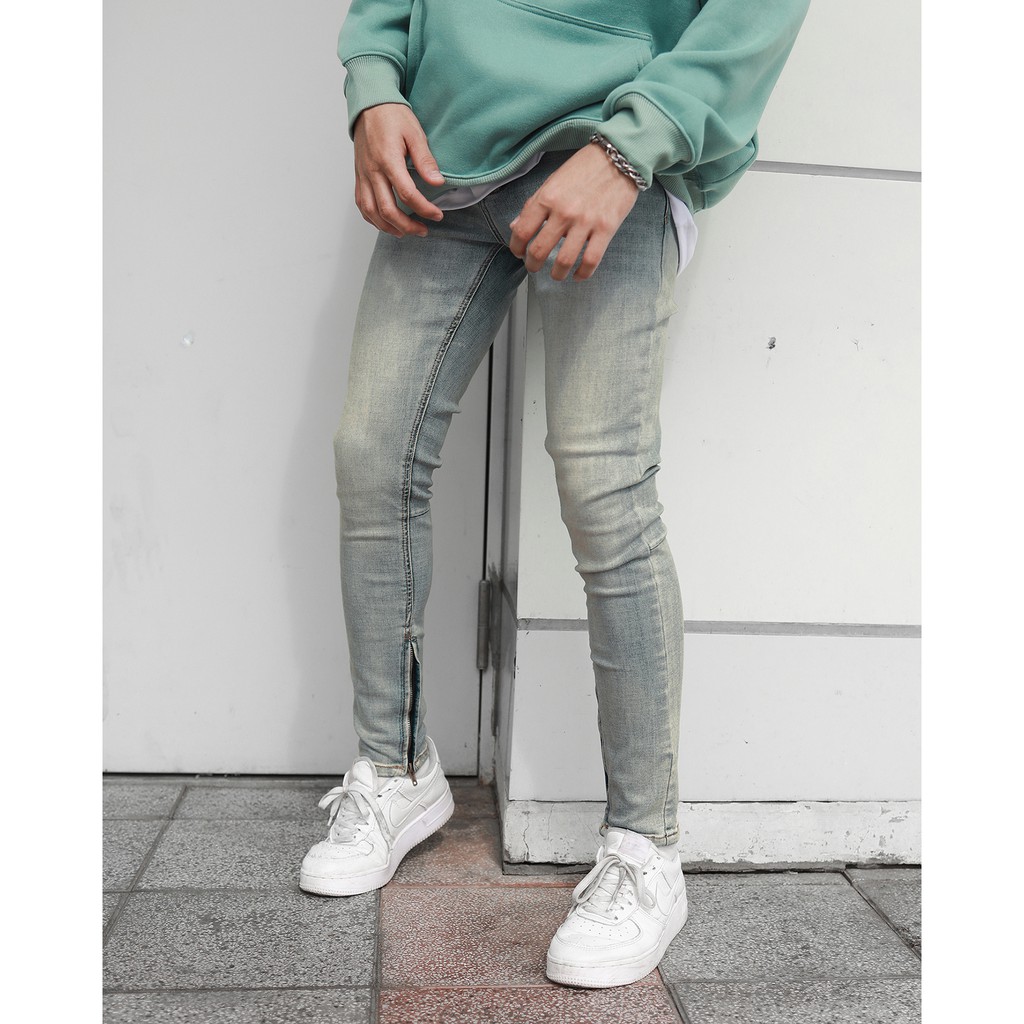 Quần Skinny Jeans Nam-Màu Xanh-Chất Liệu Cotton Co Giãn-Ống Đứng Dáng-Có Khóa Zip Dưới Ống Chân