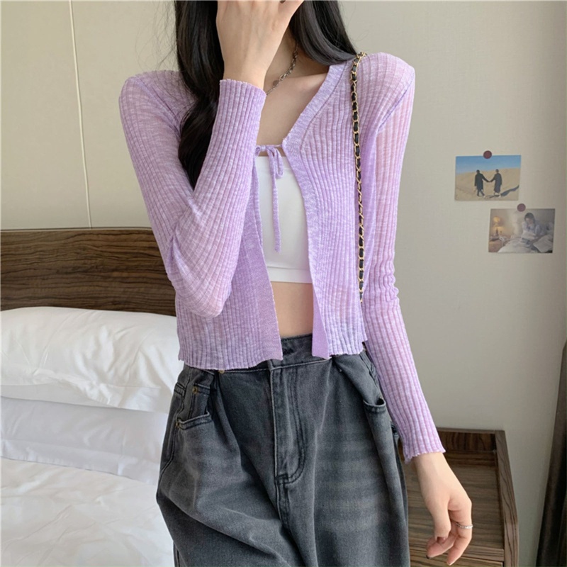 Brroa Áo Khoác Cardigan Dệt Kim Vải Lụa Băng Tay Dài Gọn Nhẹ Thoáng Khí Chống Nắng Màu Trơn Cột Dây Đơn Giản Cho Nữ