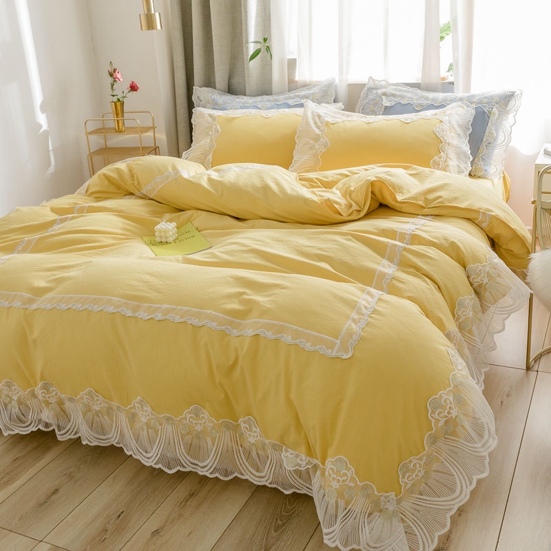 Korean Princess Feng Shui washed cotton bed skirt three or four piece set net red girl lace quilt cover solid color bedspread fitted sheet