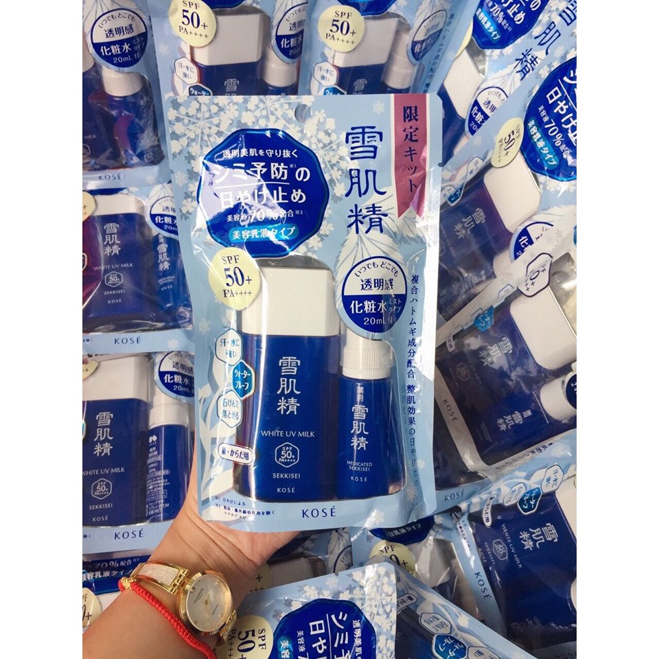 Set Kem Chống Nắng Kose White UV Milk 60ml + Lotion Kose Medicated Sekkisei 24ml