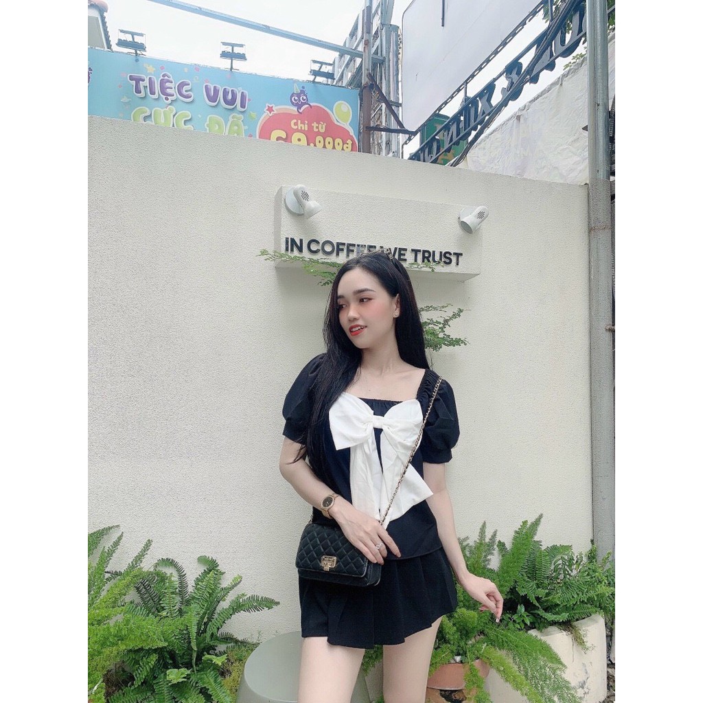 áo kiểu phối nơ cổ vuông ngắn tay