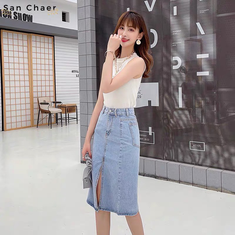 [QUÀ TẶNG 1C KHẨU TRANG] Chân váy bò Denim THUS xẻ tà phía trước phong cách Ulzzang | BigBuy360 - bigbuy360.vn
