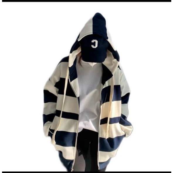 Áo Khoác Nỉ Nữ Form Rộng Phối Sọc Lớn Có Nón Che Nắng Tốt, Dây Khóa Kéo Tiện Lợi Trẻ Trung [NEW UNISEX]