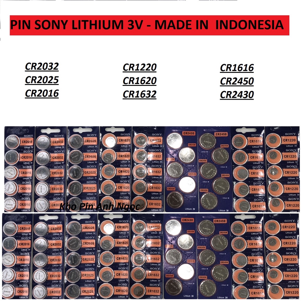 Vỉ 5 Viên Pin Sony CR2032 / CR2025 / CR2016 / CR1632 / CR1620 / CR1616 / CR1220 / CR2450 / 2430 lithium 3v