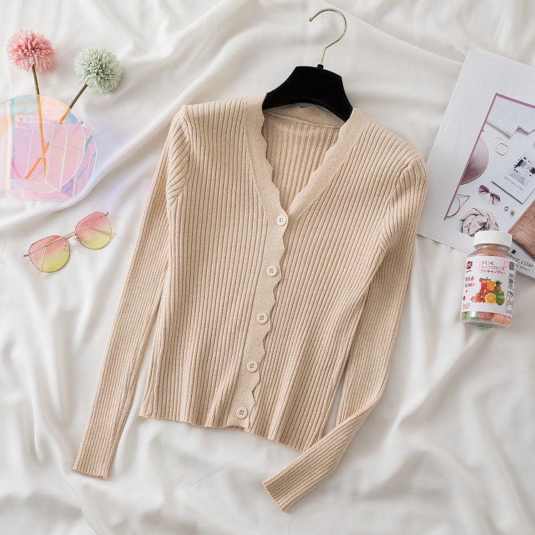 Áo cardigan Dệt Kim Tay Ngắn Cổ Chữ V Màu Trơn Cài Nút Đơn Giản Phong Cách Thời Trang Mùa Thu Mới Dành Cho Nữ