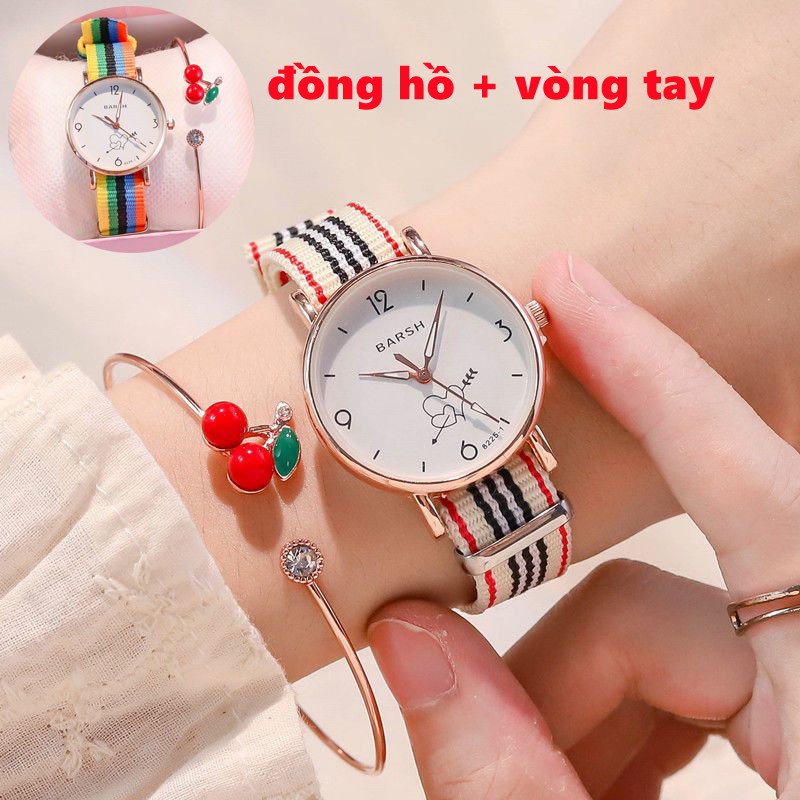 Đồng Hồ Đeo Tay Dây Vải Nylon Chống Thấm Nước Màu Cầu Vồng Xinh Xắn Cho Nữ