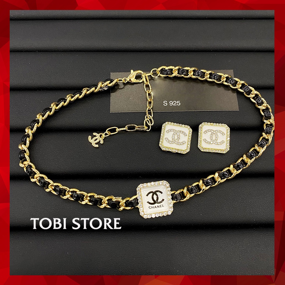 Set chocker khuyên tai xích bện da mặt vuông thương hiệu CC VCH48