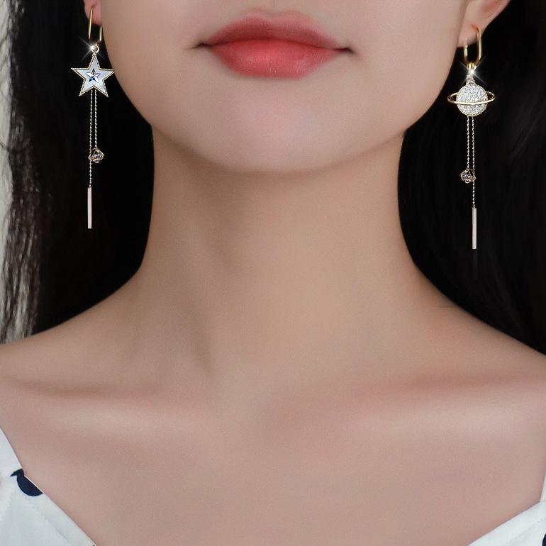 Bông Tai Tua Rua Dáng Dài Bằng Bạc 925 Hình Mặt Trăng Ngôi Sao Phong Cách Hàn Quốc Thời Trang Cho Nữ