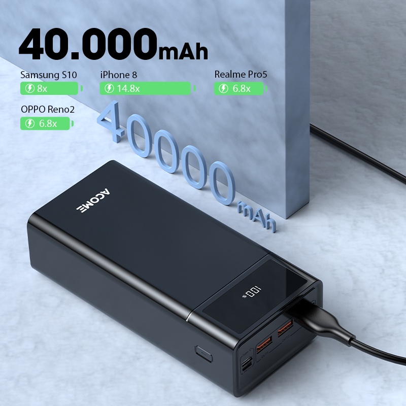 Pin Sạc Dự Phòng ACOME AP401 Dung Lượng Lớn 40000mAh Sạc Nhanh Nhiều Thiết Bị 4 Cổng Sạc Ra 2 Cổng Sạc Vào