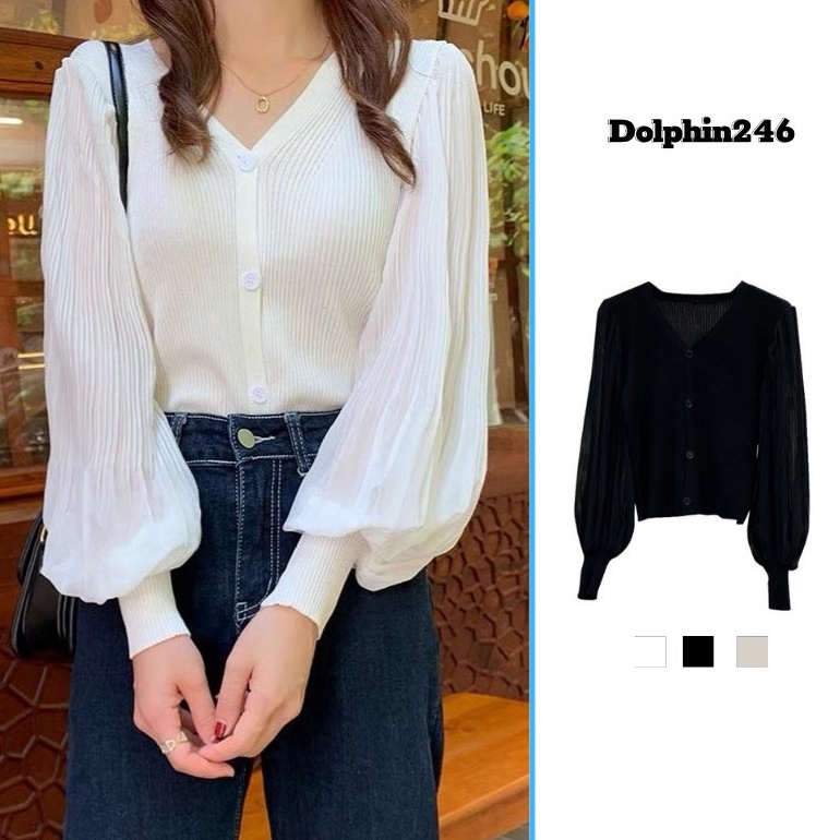 Áo Len Kiểu Hàn Quốc cổ chữ V tay bồng chất liệu chiffon phong cách thời trang 2022 A-10