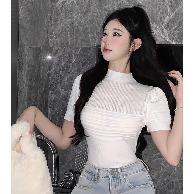 Áo Croptop ngắn tay nữ len tăm diệt kim, áo thun tăm trơn kiểu croset có co giãn Mỹ Linh 02 ôm sát body