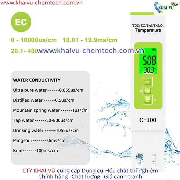 Máy đo ĐỘ MẶN, TDS, EC, TỶ TRỌNG, NHIỆT ĐỘ kiểm tra chất lượng nước 5 trong 1 (C100)