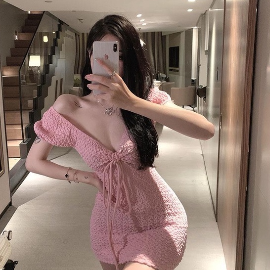 [MURIOKI] Đầm Tay Ngắn Phồng Cổ Chữ V Hở Lưng Ôm Dáng Thời Trang Hàn Quốc Cho Nữ