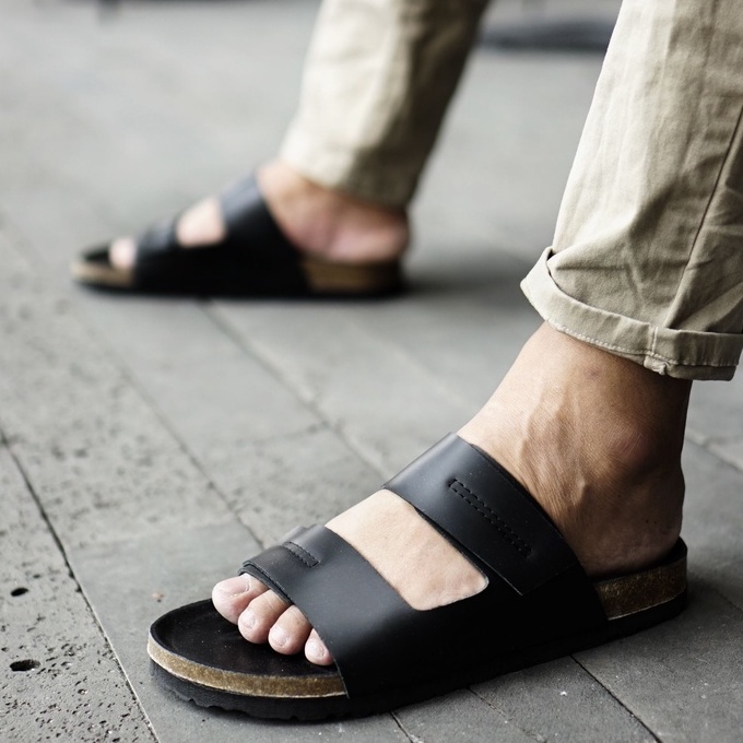 Dép Đế trấu nam BIRKEN STOCK đen QUAI DÁN Da thật 2 lớp unisex CHỐNG THẤM MỒ HÔI chịu nước thương hiệu TONKIN