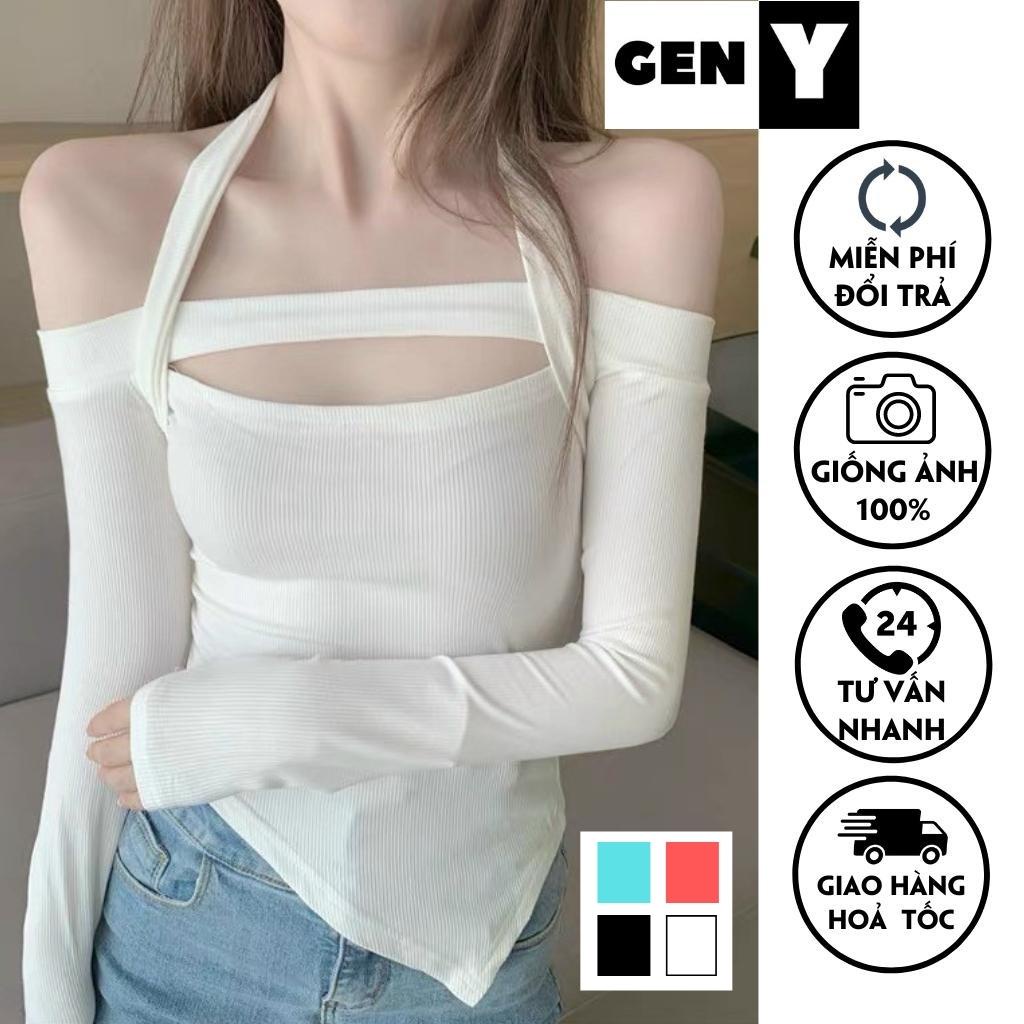 Áo croptop nữ kiểu ôm body khoét ngực GenY - Áo kiểu nữ tay dài trễ vai vạt chéo chất len tăm