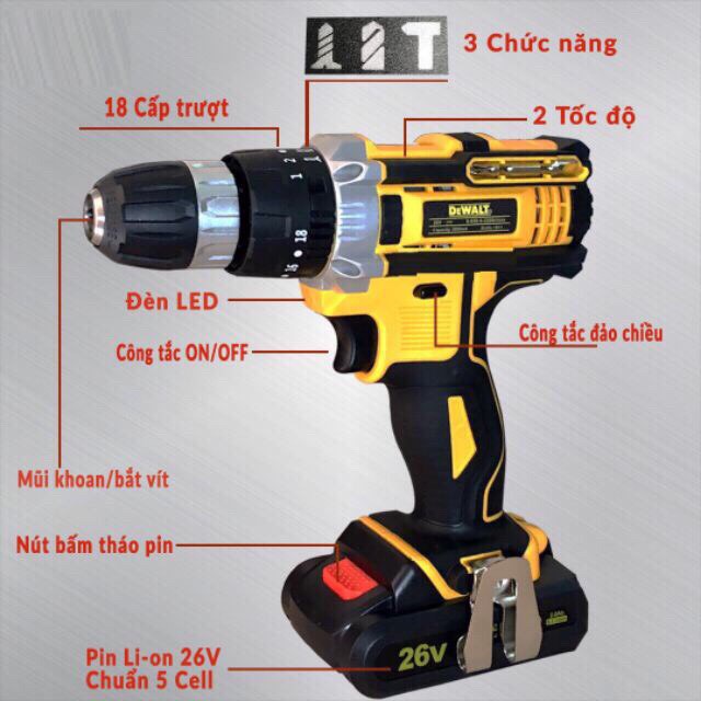 Máy khoan pin Dewalt 26V USA Kèm Búa Khoan Tường