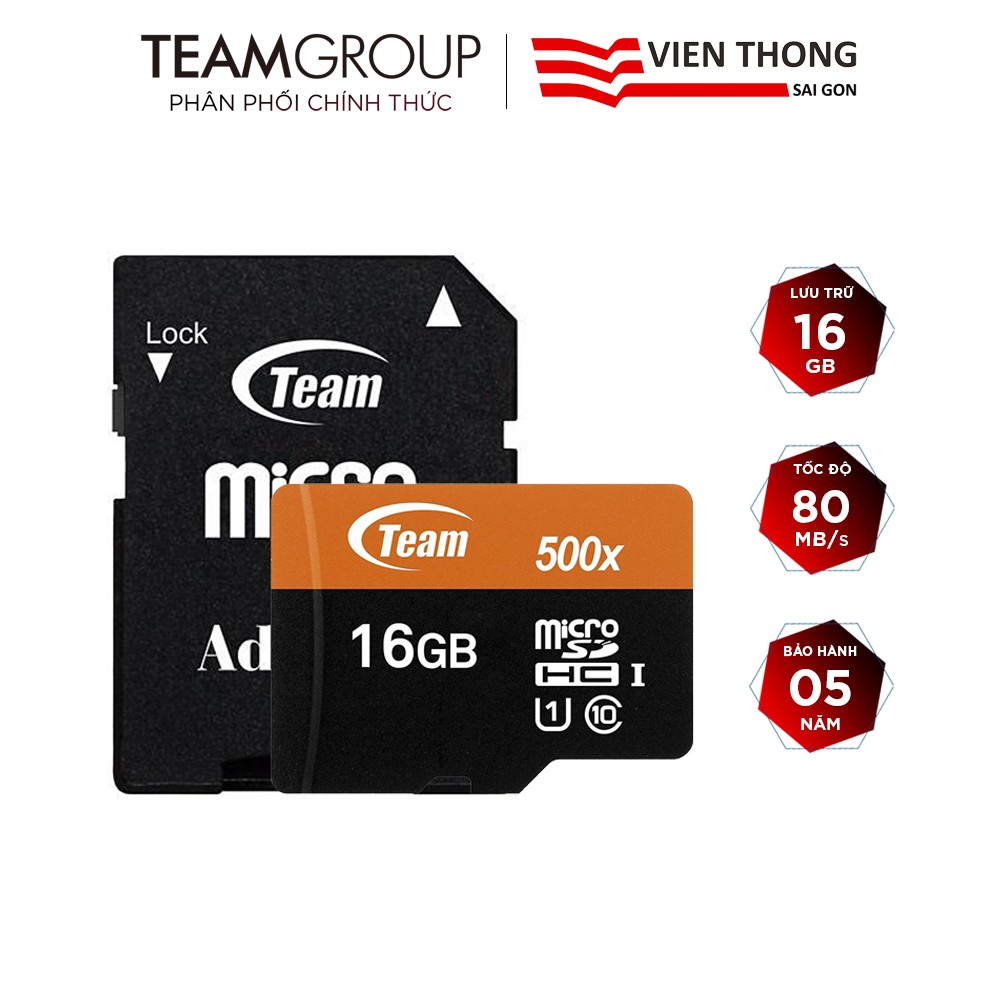 Thẻ nhớ microSDHC Team Group 16GB 500x upto 80MB/s class 10 U1 kèm Adapter (Cam) - Hãng phân phối chính thức
