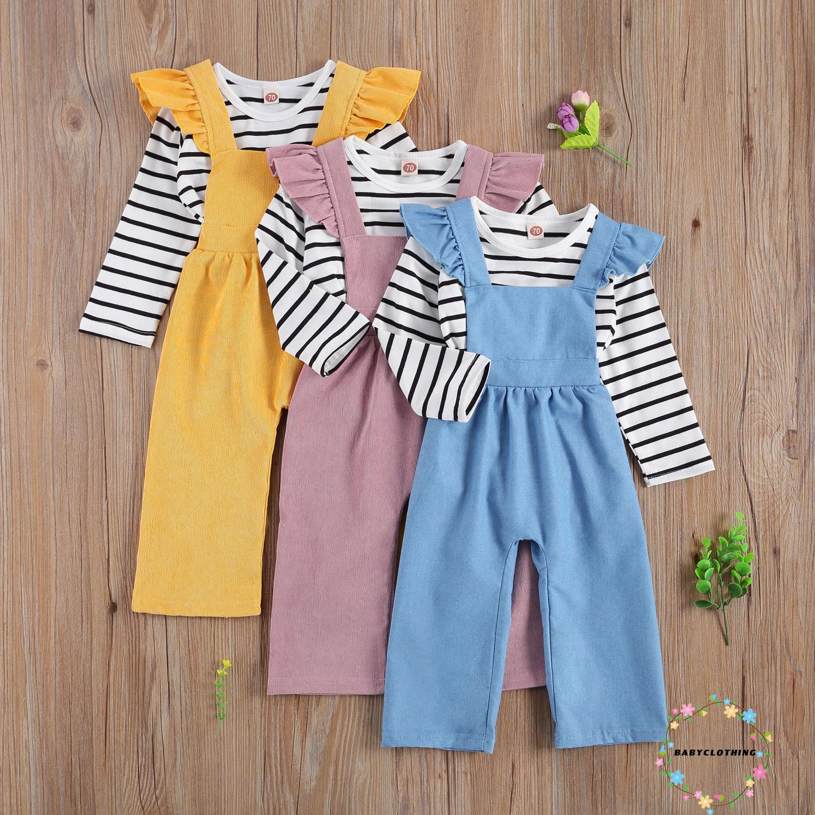 BBCQ-2-piece Little Girls Overall Set, Children Stripe Print Long Sleeve Top and Solid Color Suspenders Long Pants