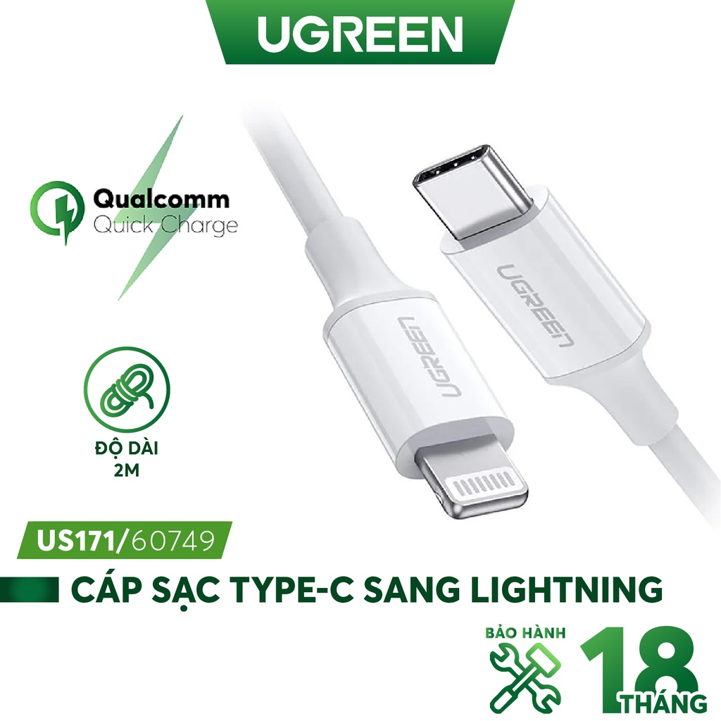 Cáp sạc nhanh MFI USB-C ra Lightning UGREEN US171 - Sạc nhanh PD 18W cho iPhone 8 đến iPhone 12