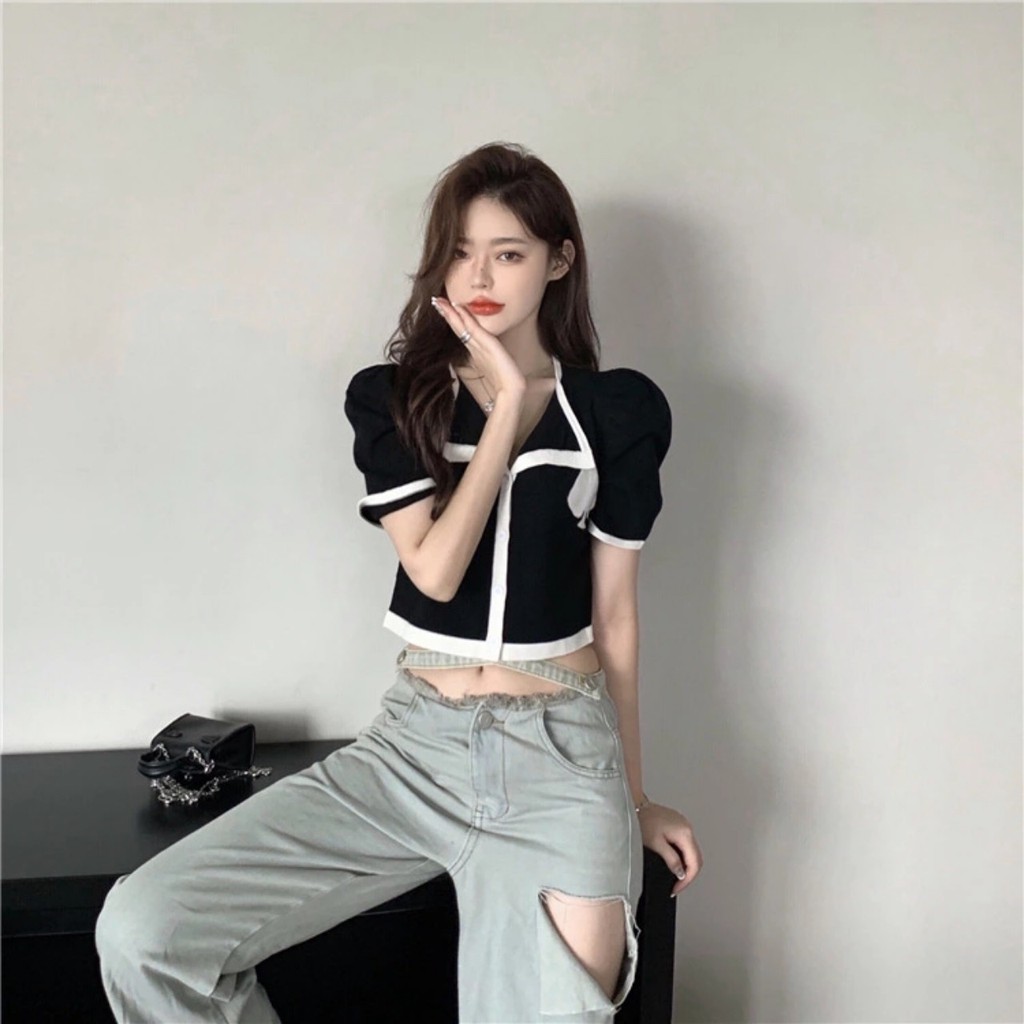 CHIKITO | Áo Len Cardigan Ngắn Tay Có Cổ - Áo Croptop Trái Tim Quảng Châu 2 Màu Kiểu Dáng Ulzzang