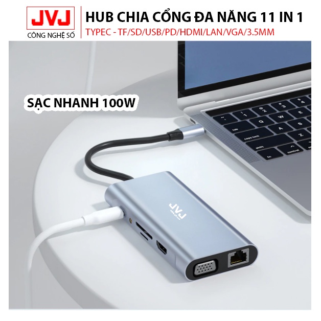 Hub chuyển đổi Macbook JVJ C11 cổng TypeC 11in1 sáng HDMI 4K, VGA, USB - C 3.0, cổng lan RJ45, TypeC 3.5mm BH 2 năm1đổi1