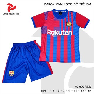 [ĐỒ ĐÁ BANH DỄ THƯƠNG CHO BÉ] Bộ quần áo đá banh Barca Xanh Sọc Đỏ cho bé trai và bé gái - Thoáng Mát - Thoải Mái