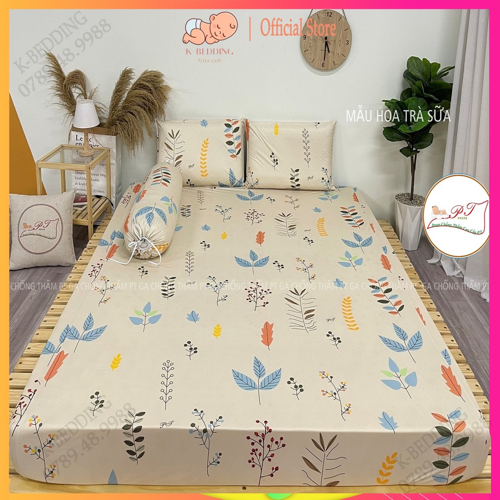 Bộ ga chống thấm cotton cho bé, drap chống thấm nước cao cấp kèm vỏ gối đầu và vỏ gối ôm mềm mịn mát (mẫu hoa trà sữa)