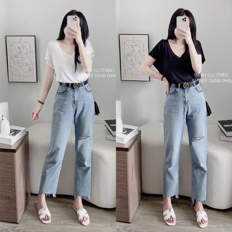 Áo phông trơn cổ tim dáng rộng basic , Áo thun cổ tim nữ tay hến siêu hot
