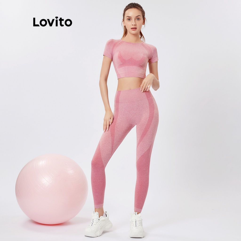 Quần legging Lovito màu trơn thiết kế liền mạch đơn giản phong cách thể thao L26AD040 (màu hồng nổi bật/tím)