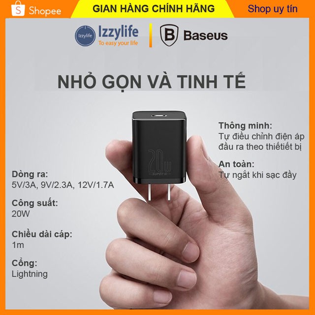 Sạc nhanh iphone, bộ sạc nhanh iphone chính hãng Baseus 20W QC3.0 kèm dây sạc lightning phù hợp Iphone 8 8s X Xs 11 12