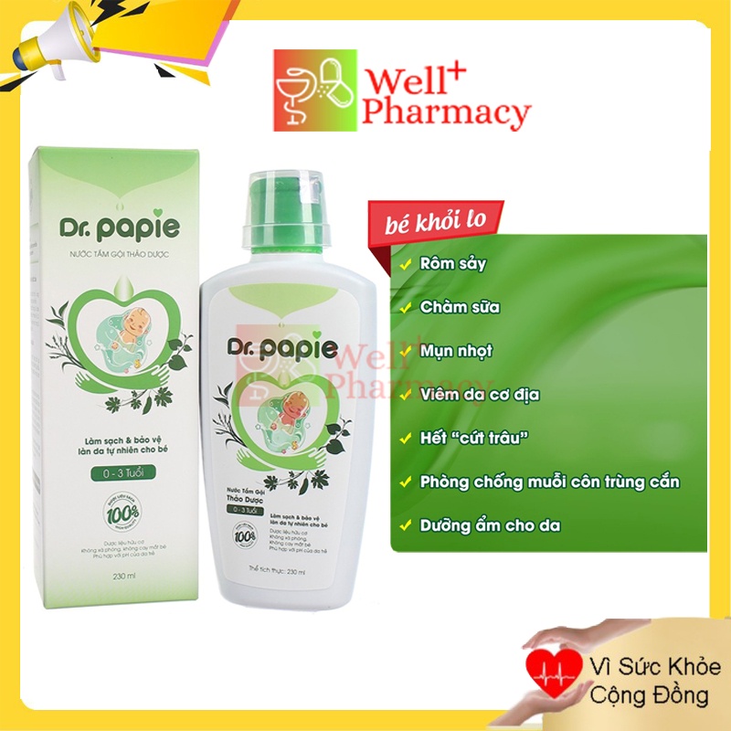 Sữa tắm thảo dược Dr Papie, nước tắm an toàn cho trẻ sơ sinh, cho da nhạy cảm, 200ml (0-3 Tuổi)
