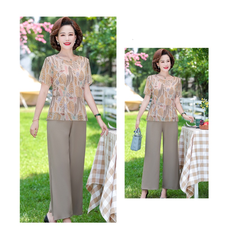 Đồ bộ trung niên nữ cho mẹ, Hàng Quảng Châu cao cấp, Bộ voan áo lửng quần dài V'vie Ladies #B25